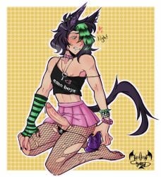 anal anal_sex blush cat_ears cat_tail catboy choker clothed clothed_sex colored commission crop_top crossdressing cum dildo dildo_in_ass emo fishnets gay gay_sex hollow_sweed jewelry male male_only oc panties penis precum purple_hair scene skirt sweat tank_top yaoi