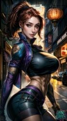 ai_generated asian_female big_breasts clothed_female jadegretz killer_instinct kim_wu_(killer_instinct) red_hair seductive seductive_look seductive_pose shorts