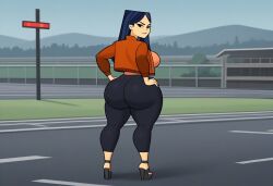 1girls ai_generated ass big_ass big_breasts black_eyes blue_hair breasts civitai curves emma_(tdi) hands_on_hips high_heels leggings lips long_hair orange_shirt rear_view red_jacket solo standing the_ridonculous_race thighs total_drama_island