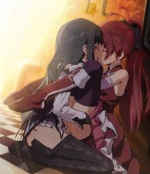 2girls akemi_homura akemi_homura_(magical_girl) artist_name black_thighhighs blush boots butterchalk closed_eyes clothed_sex commentary english_commentary french_kiss futa_on_female futanari highres kissing long_hair long_sleeves mahou_shoujo_madoka_magica mahou_shoujo_madoka_magica_(anime) multiple_girls penis ponytail red_boots red_hair sakura_kyoko sakura_kyoko_(magical_girl) thighhighs uncensored vaginal_penetration