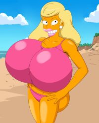 beach bikini blonde_hair bubble_butt hyper hyper_boobs hyper_breasts lips pearl_earrings pink_lips smile the_simpsons titania_(the_simpsons) turboranger