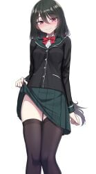 1girl black_jacket blazer clothes_lift collared_shirt female highres lifting_own_clothes long_hair long_sleeves original pleated_skirt red_eyes sayano_(yakob_labo) school_uniform shirt simple_background small_breasts smile solo standing thighhighs underwear yakob_labo