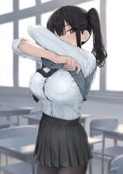 arm_up black_bra black_hair black_necktie black_pantyhose black_skirt blurry_background blush bra bra_peek breast_pocket breasts bursting_breasts button_gap buttons classroom depth_of_field desk dress_shirt female from_side gaki_kyonyuu grey_vest hair_between_eyes hair_tie indoors kaedeko_(kaedelic) large_breasts long_sleeves looking_at_viewer miniskirt necktie pantyhose pleated_skirt purple_eyes sasaki_miyuki school_uniform shirt shirt_tucked_in short_hair sidelocks signature skirt sleeves_rolled_up solo standing sweater_vest undressing