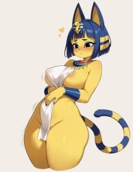 2d animal_crossing ankha ankha_(animal_crossing) anthro areola biped blue_hair blush breasts digital_media_(artwork) domestic_cat doubutsu_no_mori eyebrows felid feline felis female fingers front_view hair heart_symbol kuru_tyan mammal markings nairu_(doubutsu_no_mori) nintendo nipples short_hair simple_background solo striped_markings striped_tail stripes tail tail_markings uraeus