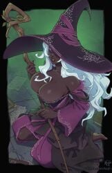 areola barefoot big_breasts black_body damaged_clothes dark_skin fromsoftware kajinman large_breasts long_eyelashes looking_at_viewer loose_clothes recluse_(nightreign) tagme white_eyelashes white_hair witch_hat