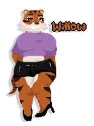 big_ass big_breasts black_bottomwear black_footwear black_fur black_heels brown_fur orange_fur original original_character purple_shirt purple_topwear shoestrang thicc thicc_thighs thick_thighs tiger tiger_girl tiger_tail white_fur willow_(shoestrang)