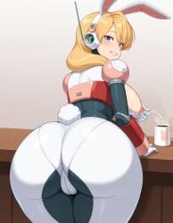 1girls ai_generated alia big_ass big_breasts blonde_hair blue_eyes blush breasts_out breasts_out_of_clothes bunny_ears bunny_tail capcom long_hair mega_man mega_man_x mega_man_x_dive milking_breasts pussy robot_girl smile white_gloves