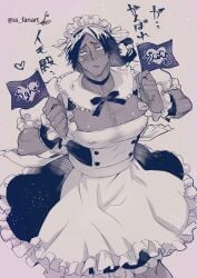 alternate_costume big_pecs blush circlet cleavage crossdressing dark-skinned_male dark_skin embarrassed fully_clothed gaolang_wongsawat kengan_(series) kengan_ashura long_hair long_hair_male low-tied_long_hair maid maid_headdress maid_uniform male male_only manly_crossdresser monochrome muscular muscular_male nipple_bulge pecs pectoral_cleavage solo ss_fanart sweat