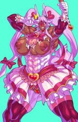 absurdres animal_ears aqua_background blush breasts censored covered_abs dantera_rina dark_skin detached_sleeves embarrassed facial_mark female frilled_skirt frills hair_ribbon heart heart_censor highres holding holding_wand hutago inverted_nipples magical_girl muscular muscular_female no_panties original pink_hair pussy rabbit_ears ribbon simple_background skirt solo surprised torn_clothes twintails v veins veiny_arms wand