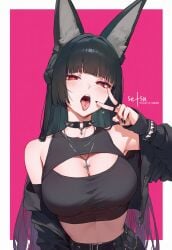 1girls ai_generated animal_ear_fluff anthro bare_shoulders black_hair breasts choker cross_necklace female fox_ears fox_girl goth goth_girl hoshimi_miyabi jacket midriff nail_polish peace_sign red_eyes setsuaiart solo spiked_collar tongue tongue_out tongue_piercing zenless_zone_zero