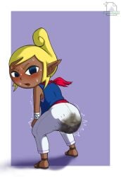 ass ass_focus blonde_hair blue_eyes butt_focus dark_skin fully_clothed nintendo scat shit tetra the_legend_of_zelda white_pants