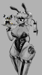 1girl 2025 big_ass big_breasts big_thighs black_and_white blush breasts bunny_ears bunnysuit cleavage color curvy curvy_figure doodle epokguyz eyes female female_focus female_only garter_belt gigantic_ass gigantic_breasts gigantic_thighs glitch_productions headband highres huge_breasts j_(murder_drones) large_breasts murder_drones ribbon robot robot_girl serving_tray tail twintails white_body white_hair white_skin