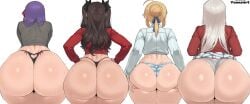 4girls ai_generated artoria_pendragon ass ass_focus ass_grab character_request fate_(series) female female_focus female_only g-string grabbing_own_ass huge_ass large_ass light-skinned_female light_skin looking_away matou_sakura panties saber skirt skirt_lift thick_thighs thighs thong tohsaka_rin white_background yummyart