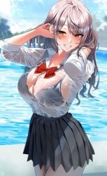 arm_up black_bra black_skirt blush bow breasts brown_eyes button_gap cleavage collared_shirt female grey_hair grin highres kawai_(purplrpouni) large_breasts long_hair looking_at_viewer original outdoors pleated_skirt school_uniform see-through see-through_clothing see-through_shirt sleeves_rolled_up smile solo wet wet_clothes wet_hair wet_shirt