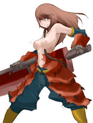 breasts brown_eyes brown_hair huge_weapon long_hair monster_hunter pointy_chin tansuke topless torn_clothes weapon