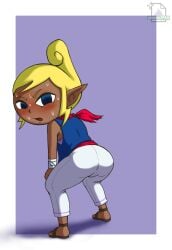 ass ass_focus blonde_hair blue_eyes butt_focus dark_skin fully_clothed nintendo sweat sweating tetra the_legend_of_zelda twerking white_pants