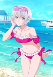 1girls beach cleavage kikuchi_fuuka leaning_forward looking_at_viewer medium_breasts short_hair silver_hair standing sunglasses sunglasses_on_head swimsuit