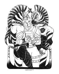 1boy armor armored_male ass belt bodysuit bodysuit_bulge cxsmicxddity diamond_(shape) drawing equine helmet holding_arm kamen_rider kamen_rider_blade_(series) kamen_rider_garren leg_on_crotch leg_strap leg_straps male male_focus mask masked masked_male monochrome monster monster_on_human monster_on_male no_visible_genitalia pressing_against pulling_strap threesome zebra