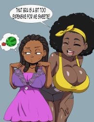 2girls african_female afro ayana_(mermaid_kunoichi) big_breasts black_hair bra breast_envy breasts dark-skinned_female dark_brown_eyes dark_skin darkeros13 dialogue dreadlocks dream head_scarf huge_breasts mature mature_female mature_woman milf original_character pink_dress sala_rolle_(mermaid_kunoichi) shopping smile smiling younger_female