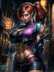 ai_generated asian_female big_breasts clothed_female jadegretz killer_instinct kim_wu_(killer_instinct) red_hair seductive seductive_look seductive_pose shorts toned_female