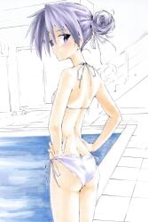 1girls arms_akimbo bikini blush kagami_hiiragi looking_back_at_viewer lucky_star pool poolside shiki59 skinny small_breasts tagme