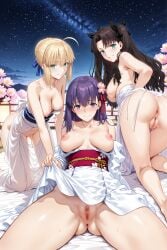 3girls ai_generated anus artoria_pendragon before_sex blonde_hair blue_eyes blush breasts bride censored dark_hair fate/stay_night fate_(series) looking_at_viewer matou_sakura nipples purple_eyes purple_hair pussy saber smile smiling_at_viewer tohsaka_rin vagina white_skin wife younger_female