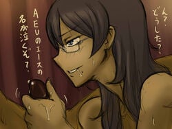 blue_eyes brown_hair cum dark-skinned_male dark_penis dark_skin female glasses gundam gundam_00 handjob hp23 kati_mannequin male mole penis text translated translation_request uncensored