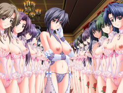 ami_hideto bondage breasts collar custom_reido_iii dark_skin elbow_gloves everyone fake_screenshot female femsub gloves green_hair harem lineup lingerie maid midriff mizuki_haruto multiple_girls multiple_subs nipple_piercing nipple_rings nipples panties photoshop piercing purple_hair see-through slave source_request take_your_pick uncensored underwear