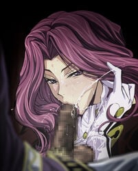 :>= adjusting_hair blush censored code_geass cornelia_li_britannia cum cum_in_mouth ejaculation facial fellatio gloves hyottokoaki incest oral penis pov purple_hair schneizel_el_britannia sweat