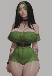 1girls 2d 2d_(artwork) ai_generated big_breasts big_thighs billie_eilish bimbo bimbo_body female green_hair huge_breasts huge_thighs hugoroman looking_at_viewer musician real_person sexy_body solo solo_focus tired