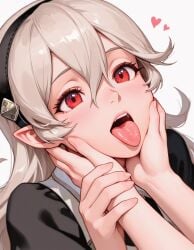 2025 2025s 2d ai_generated black_hairband blush corrin_(fire_emblem) corrin_(fire_emblem)_(female) fire_emblem fire_emblem_fates hair_between_eyes hairband hand_on_face heart heart heart-shaped_pupils hugging intelligent_systems light-skinned_female light_skin long_hair nai_diffusion nintendo open_mouth pointy_ears red_eyes silver_hair stable_diffusion tongue tongue_out video_game_character white_background white_hair