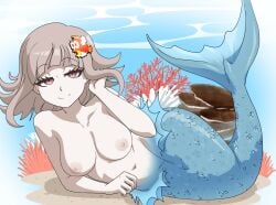 1girls blue_tail breasts brown_hair cheep_cheep danganronpa danganronpa_2:_goodbye_despair female female_only hairpin inker_comics inkershike jpeg lying medium_breasts mermaid mermaid_girl mermaid_tail mermaid_transformation nanami_chiaki navel nipples no_bra nude_female ocean pink_eyes short_hair tail topless underwater