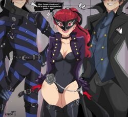 1girls 2boys akira_kurusu bulge_through_clothing cleavage erection erection_under_clothes gloves goro_akechi joker_(persona) karbuitt kasumi_yoshizawa mask persona persona_5 phantom_thief_suit red_hair ren_amamiya smile sumire_yoshizawa text violet_(persona)