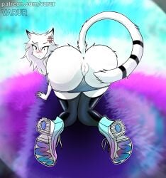 :< all_fours angry anthro anus ass black_clothing black_legwear black_thigh_highs blush body_fur clothing clothing_pull cross-popping_vein feet_apart felid feline female footwear from_behind_(disambiguation) fur genitals hair hi_res knock-kneed legwear lion long_hair looking_at_viewer looking_back mammal pantherine panties panty_pull pussy shoes solo tail text thigh_highs underwear underwear_pull url varulll watermark white white_body white_fur white_hair