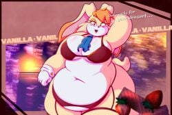 bbw bedroom_eyes belly_overhang big_belly big_breasts blue_ascot blush bra chubby_face dialogue fat fat_folds flabby_arms flabby_legs garter_belt hand_behind_head hazel_eyes lagomorph lingerie mrnobodycares nobody-64 obese obese_anthro obese_female orange_hair overweight overweight_anthro overweight_female panties red_lingerie sonic_the_hedgehog_(series) ssbbw strawberry thick_thighs tufted_hair vanilla_the_rabbit wafer white_belly white_breasts white_gloves wide_hips