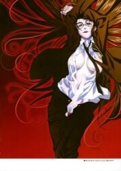 black_hair breasts german_female glasses hellsing hellsing_ultimate long_hair mommy nazi open_shirt pale-skinned_female pale_skin rip_van_winkle seductive seductive_look swastika tie very_long_hair