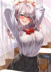 arm_up black_skirt blush bow breasts brown_eyes button_gap cleavage collared_shirt female grey_hair grin highres indoors kawai_(purplrpouni) large_breasts long_hair long_sleeves looking_at_viewer original pleated_skirt school_uniform smile solo