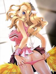 1girls animal_ear ass blonde_hair blue_eyes breasts cheerleader crease female highres impossible_clothes impossible_clothing impossible_shirt large_breasts panties panty_pull pig_ear pig_tail pom_poms pussy sakuraniku_umatarou shirt solo tail uncensored underwear