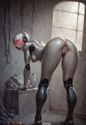 1girls ai_generated android android_girl anus ass breasts darkeffect female_only glowing_eyes living_machine looking_at_viewer looking_back machine mechanical_arm mechanical_arms metalic_skin petite presenting_hindquarters pussy rear_view robot robot_girl robot_humanoid sex_bot small_breasts