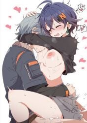 belle_(zenless_zone_zero) blue_hair blush breast_sucking breasts brother_and_sister clothed_sex cum_in_pussy embrace grey_hair hugging incest medium_breasts nipples sex shirt_lift short_hair short_hair_female siblings sucking_nipples wise_(zenless_zone_zero) zenless_zone_zero