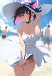 ai_generated animal_ears beach black_hair blue_archive blush cat_ears choker choker_charm cleavage cloud colored_inner_animal_ears colored_inner_hair cowboy_shot day depth_of_field dress_tug ears_through_headwear erection exhibitionism eyelashes floating_hair futanari gerumusi halo hand_on_own_hat hat_ribbon kazusa_(blue_archive) leaning_forward legs_together looking_at_viewer medium_breasts people pink_eyes pink_hair short_hair slit_pupils smile solo_focus standing sun_hat sundress sunlight testicles toothy_smile tsurime uncensored white_dress wind wind_lift