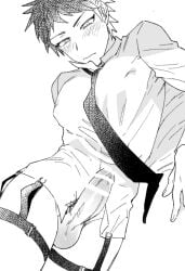 blush danganronpa danganronpa_2:_goodbye_despair garter_belt garter_straps hinata_hajime male male_focus male_only nipple_outline pantsless partially_clothed penis shirt skinny solo solo_focus solo_male uurin young