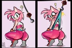 ! 2025 ? amy_rose anthro ass ass_focus atomic_wedgie big_ass blue_panties blush from_behind furry green_eyes hook_wedgie open_mouth panties panty_pull pantylines pink_fur shoes sneakers sonic_(series) sonic_riders sonic_the_hedgehog_(series) squatting surprised tight_clothing tight_fit tight_pants tomtomtomthetom visible_underwear wedgie