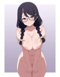 1girls ai_assisted bakemonogatari black_hair border breasts_squeezed_together cat_hair_ornament cute glasses gradient_background guilegaze hairclip hanekawa_tsubasa huge_areolae inverted_nipples large_breasts looking_at_viewer monogatari_(series) nude purple_eyes smile solo twintails v_arms