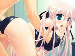 aqua_eyes bent_over blue_eyes blush breast_grab breasts doggy_style female from_behind hair_ribbon hand_in_swimsuit hand_under_clothes hand_under_shirt koibito_doushi_de_suru_koto_zenbu koibito_doushide_suru_koto_zenbu koibito_doushite_suru_koto_zenbu large_breasts long_hair male miyasu_risa one-piece_swimsuit pink_hair pussy_juice ribbon school_swimsuit sex sonoo_koo sonowo_coo straight swimsuit swimsuit_aside tied_hair twintails uncensored vaginal_penetration wet