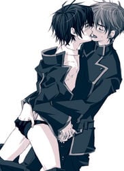 2boys anal_fingering artist_request censored clothed code_geass cum fingering frottage gay handjob kururugi_suzaku lelouch_lamperouge lowres male male_only men_kissing monochrome multiple_boys penis penises_touching tongue undressing yaoi