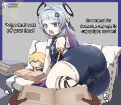 1boy 1girls aether_(genshin_impact) angry ass bike_shorts citlali_(genshin_impact) dialogue ecchitrail genshin_impact hoyoverse male_pov mihoyo pov shortstack text thick_thighs