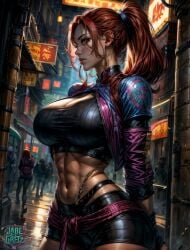 ai_generated asian_female big_breasts clothed_female jadegretz killer_instinct kim_wu_(killer_instinct) red_hair seductive seductive_look seductive_pose shorts