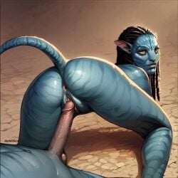 1girls ai_generated alien anus ass ass_focus avatar avatar:_the_way_of_water blue_body darkeffect female_only looking_at_viewer looking_back na'vi neytiri presenting_hindquarters pussy rear_view slim_waist tail