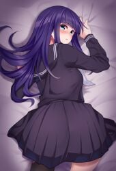 bed bed_sheet blue_eyes female from_above from_behind huyumitsu looking_at_viewer original pleated_skirt pov purple_hair school_uniform serafuku sheet_grab solo